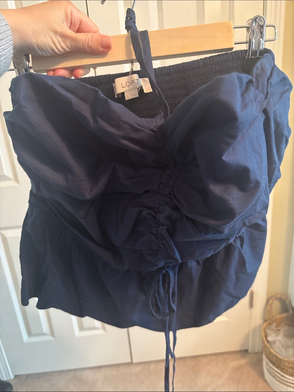 LOFT Navy Strapless Ruched Peplum Top
